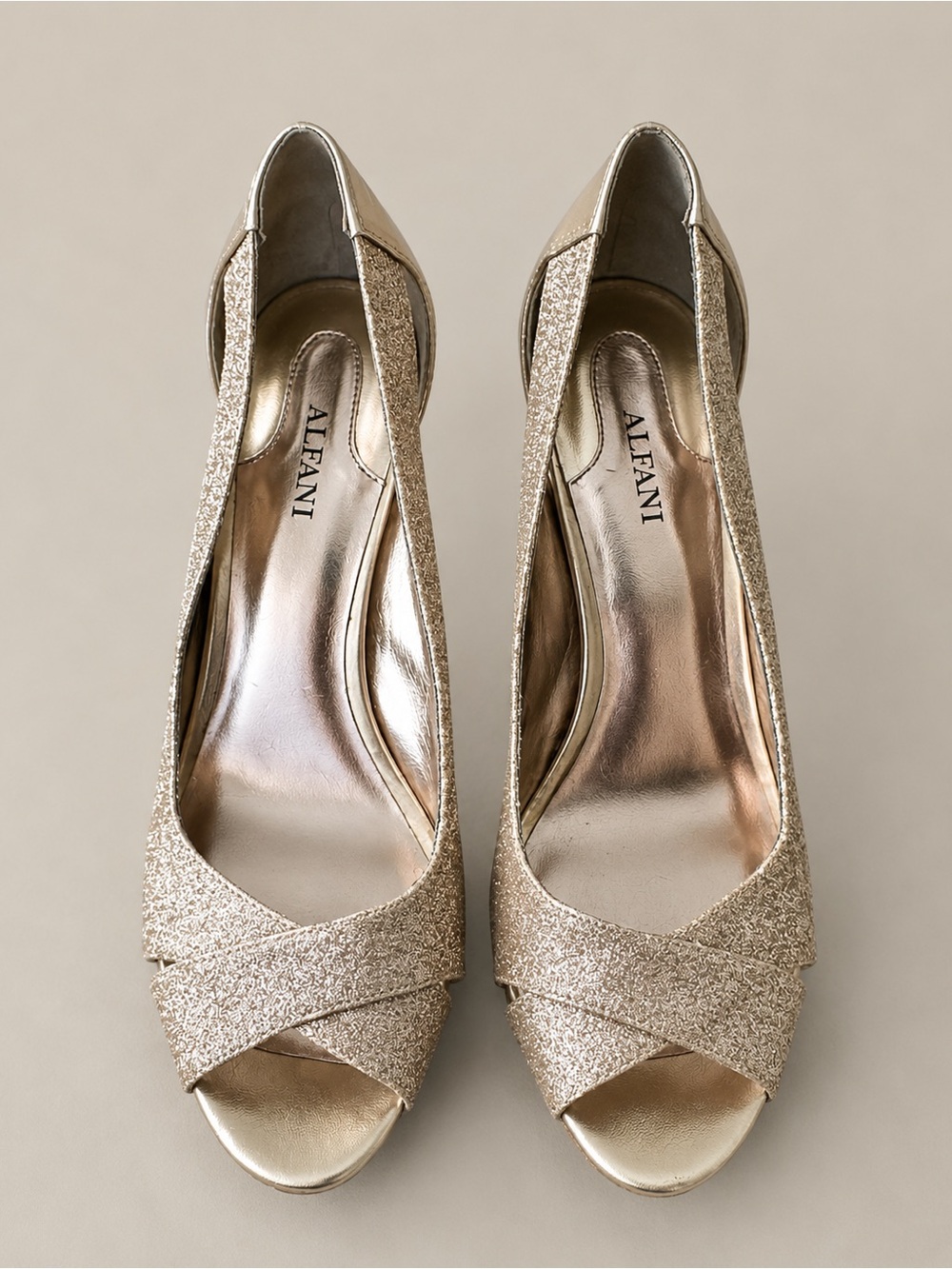 Alfani Fairtax Champagne Gold Bronze Glitter Peep Toe Heels Size 8M